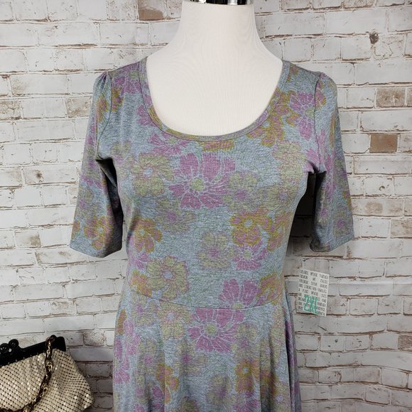 NWT LuLaRoe Size 2XL Heather Gray Pink Floral Nicole Fit & Flare Dress Stretch - Picture 2 of 11